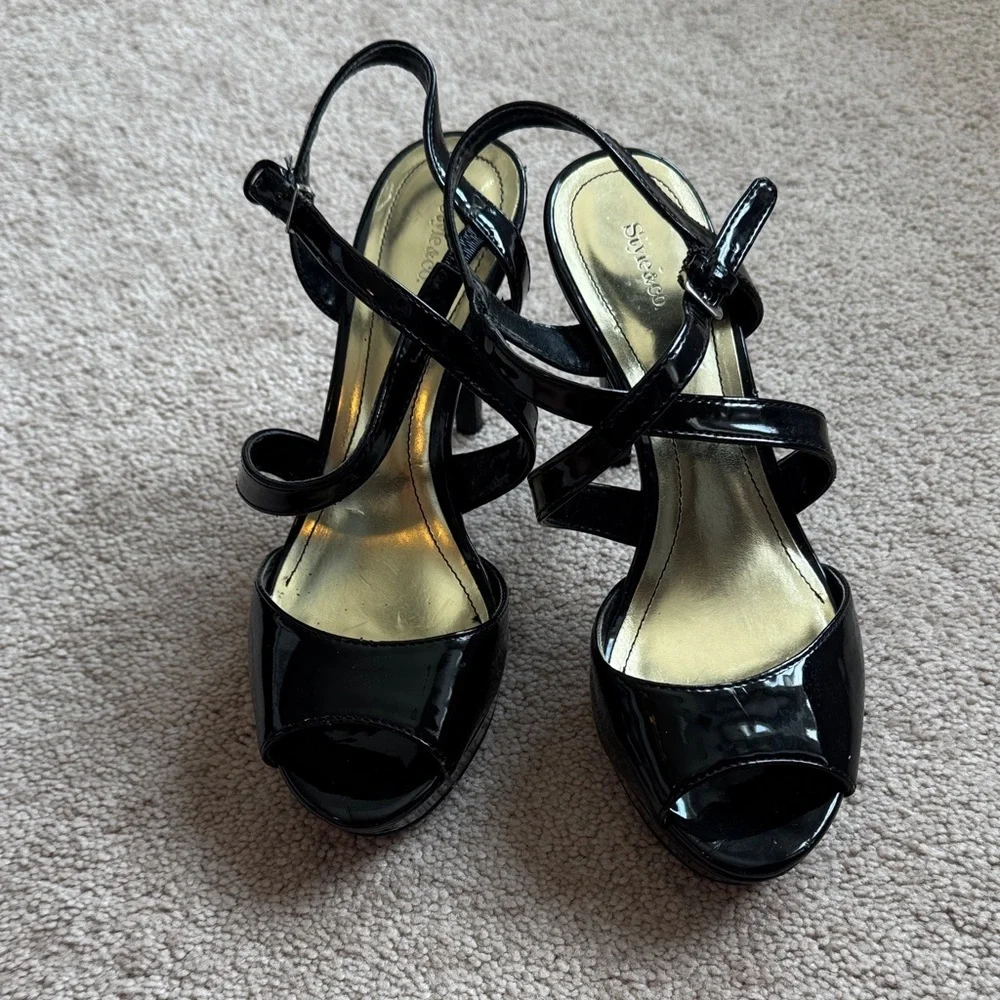 Black Patent Leather Strappy Slingback Heels